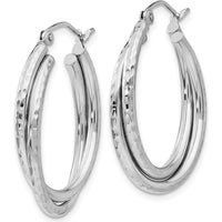 14K White Gold Diamond-Cut Polished Oval Hoop Earrings - 17mm Length, 5mm Width by 0
