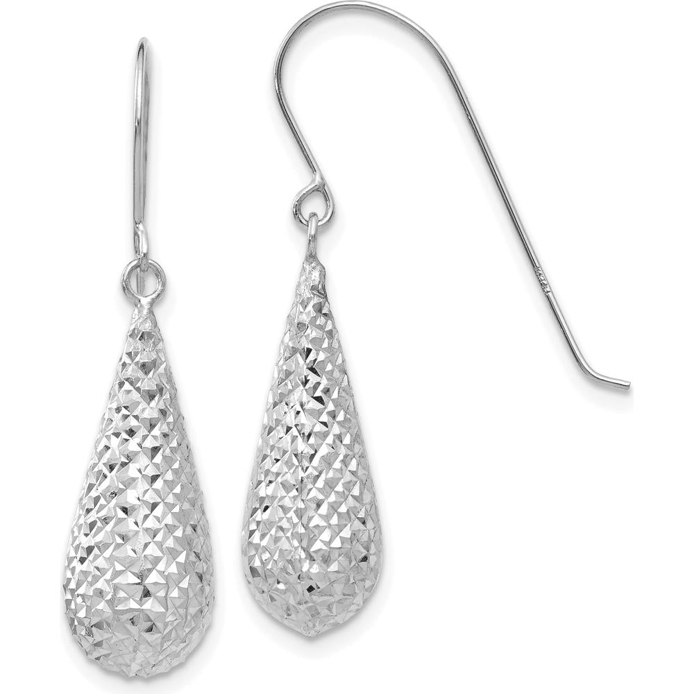 14K White Gold Diamond-Cut Puff Teardrop Dangle Earrings with Polished Rhodium Finish by 0