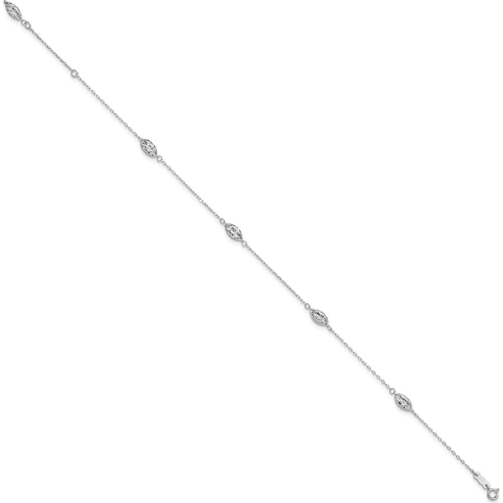 14K White Gold Diamond-Cut Rice Puff Beads 4-Station Anklet with Adjustable 1" Extender - 10" Length