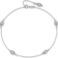 14K White Gold Diamond-Cut Rice Puff Beads 4-Station Anklet with Adjustable 1" Extender - 10" Length