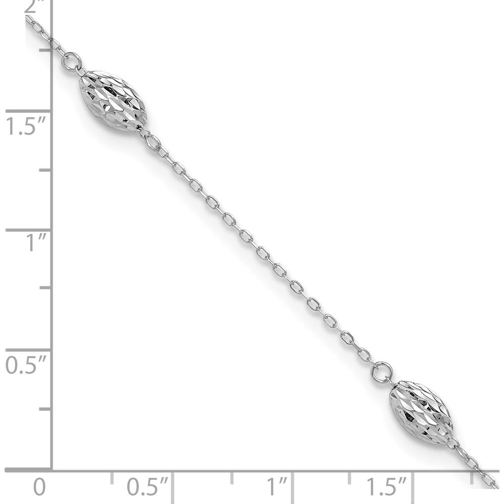 14K White Gold Diamond-Cut Rice Puff Beads 4-Station Anklet with Adjustable 1" Extender - 10" Length