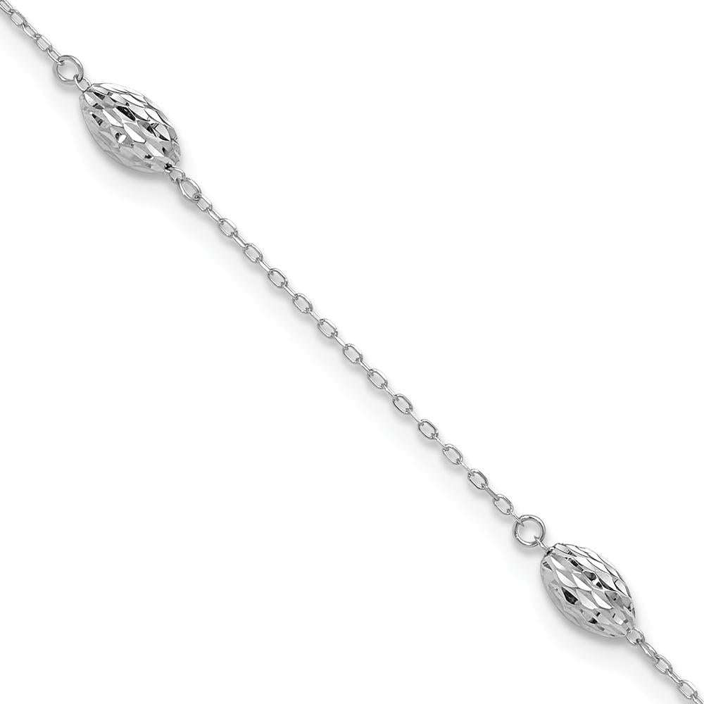 14K White Gold Diamond-Cut Rice Puff Beads Anklet with Adjustable 1" Extender