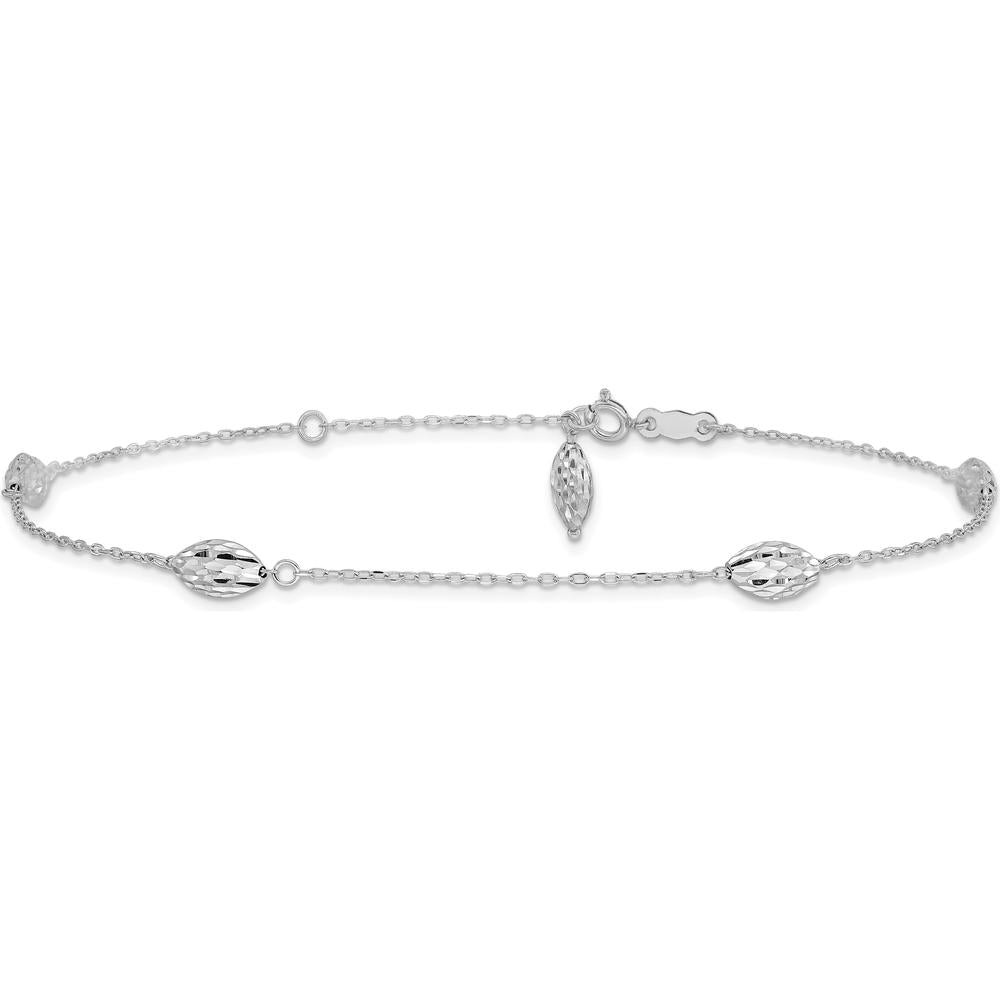 14K White Gold Diamond-Cut Rice Puff Beads Anklet with Adjustable 1" Extender