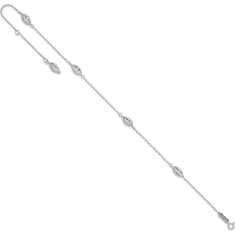 14K White Gold Diamond-Cut Rice Puff Beads Anklet with Adjustable 1" Extender