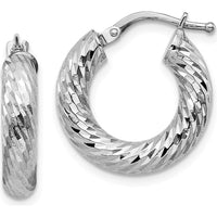 14K White Gold Diamond-Cut Round Hoop Earrings - 19mm Length by 0