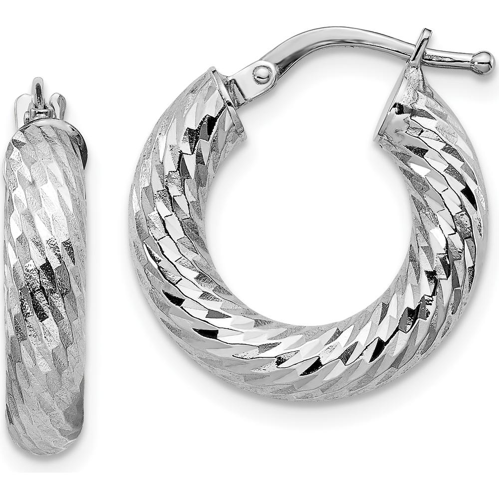 14K White Gold Diamond-Cut Round Hoop Earrings - 19mm Length by 0