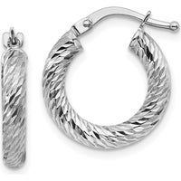 14K White Gold Diamond-Cut Round Hoop Earrings - 3mm Thickness by 0