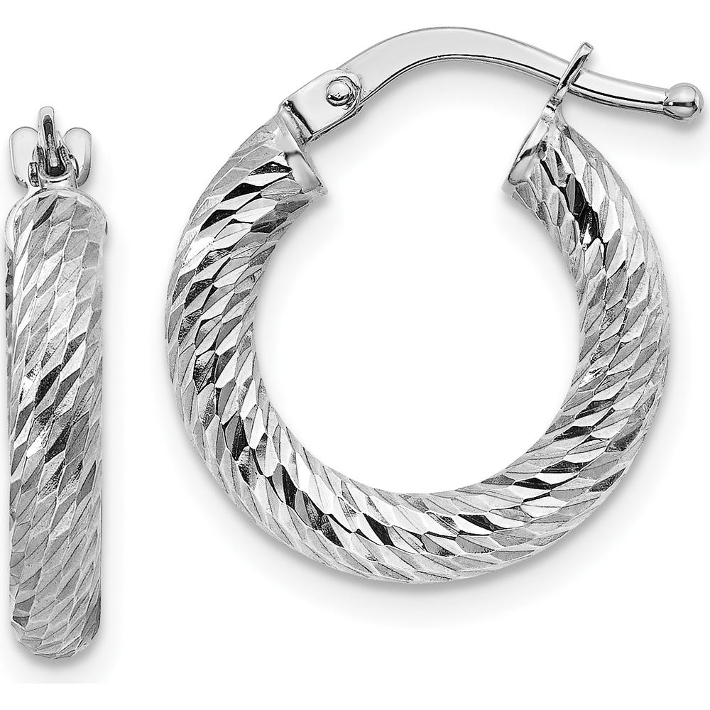 14K White Gold Diamond-Cut Round Hoop Earrings - 3mm Thickness by 0