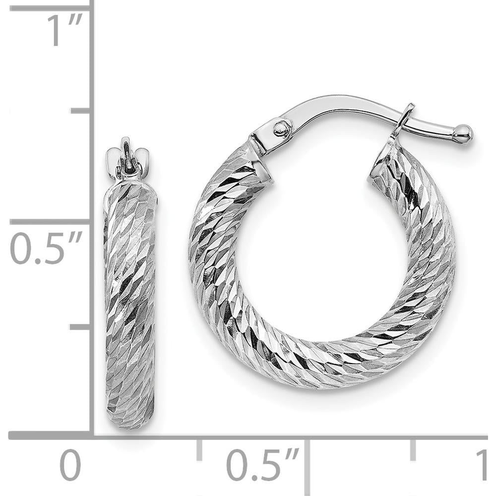 14K White Gold Diamond-Cut Round Hoop Earrings - 3mm Thickness by 0
