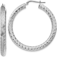 14K White Gold Diamond-Cut Round Hoop Earrings - Polished Finish, 4mm Thick, 41.25mm Long by 0