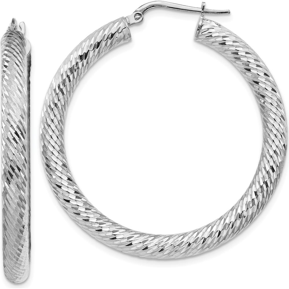 14K White Gold Diamond-Cut Round Hoop Earrings - Polished Finish, 4mm Thick, 41.25mm Long by 0