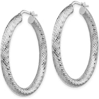 14K White Gold Diamond-Cut Round Hoop Earrings - Polished Finish, 4mm Thick, 41.25mm Long by 0