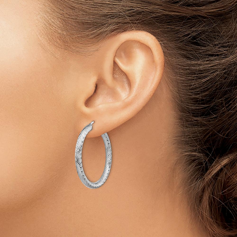 14K White Gold Diamond-Cut Round Hoop Earrings - Polished Finish, 4mm Thick, 41.25mm Long by 0