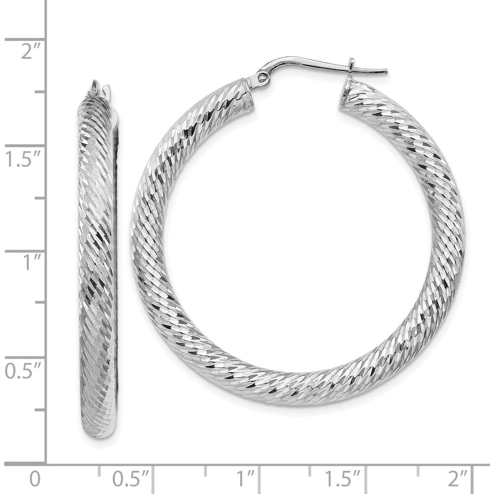 14K White Gold Diamond-Cut Round Hoop Earrings - Polished Finish, 4mm Thick, 41.25mm Long by 0