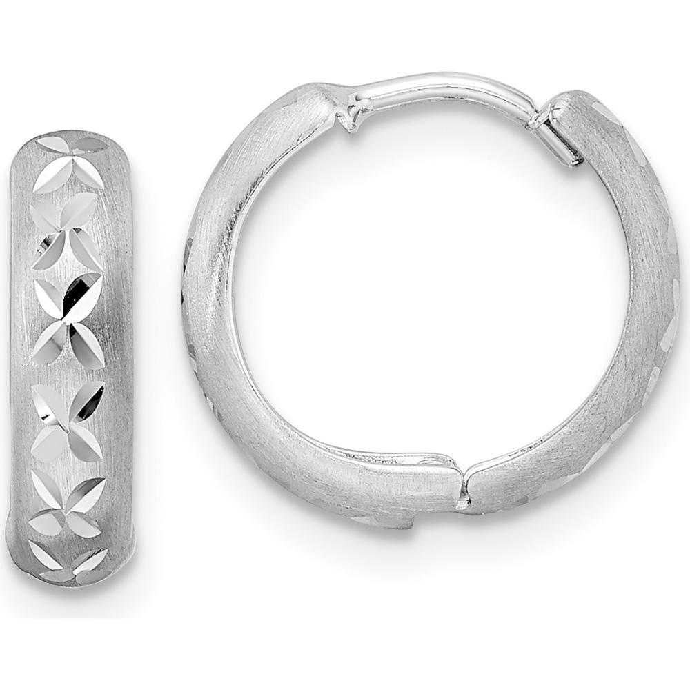 14K White Gold Diamond-Cut Satin Hinged Hoop Earrings - 12.6mm by 0