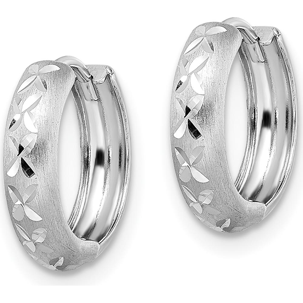 14K White Gold Diamond-Cut Satin Hinged Hoop Earrings - 12.6mm by 0