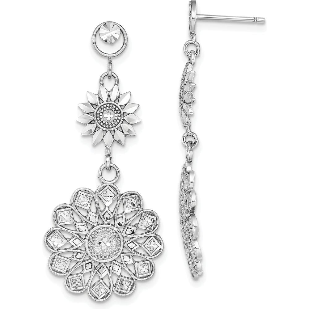 14K White Gold Diamond-Cut Sunflower Style Double Drop Earrings - Rhodium Plated by 0