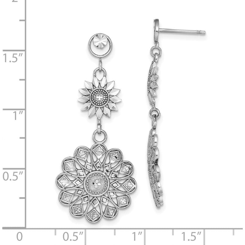14K White Gold Diamond-Cut Sunflower Style Double Drop Earrings - Rhodium Plated by 0