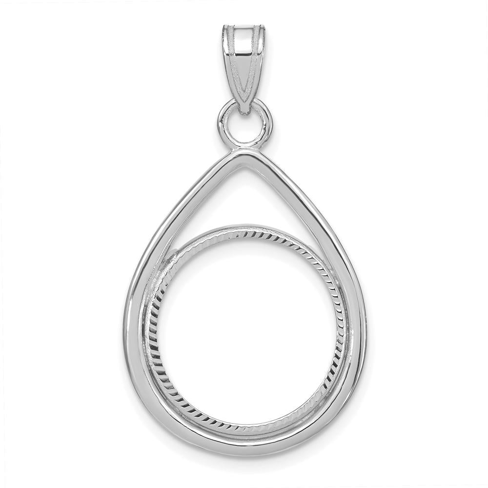 14K White Gold Diamond-Cut Teardrop Coin Bezel Pendant with Prong Setting for 1/10 oz. American Eagle Coin by Numis Coin Jewelry