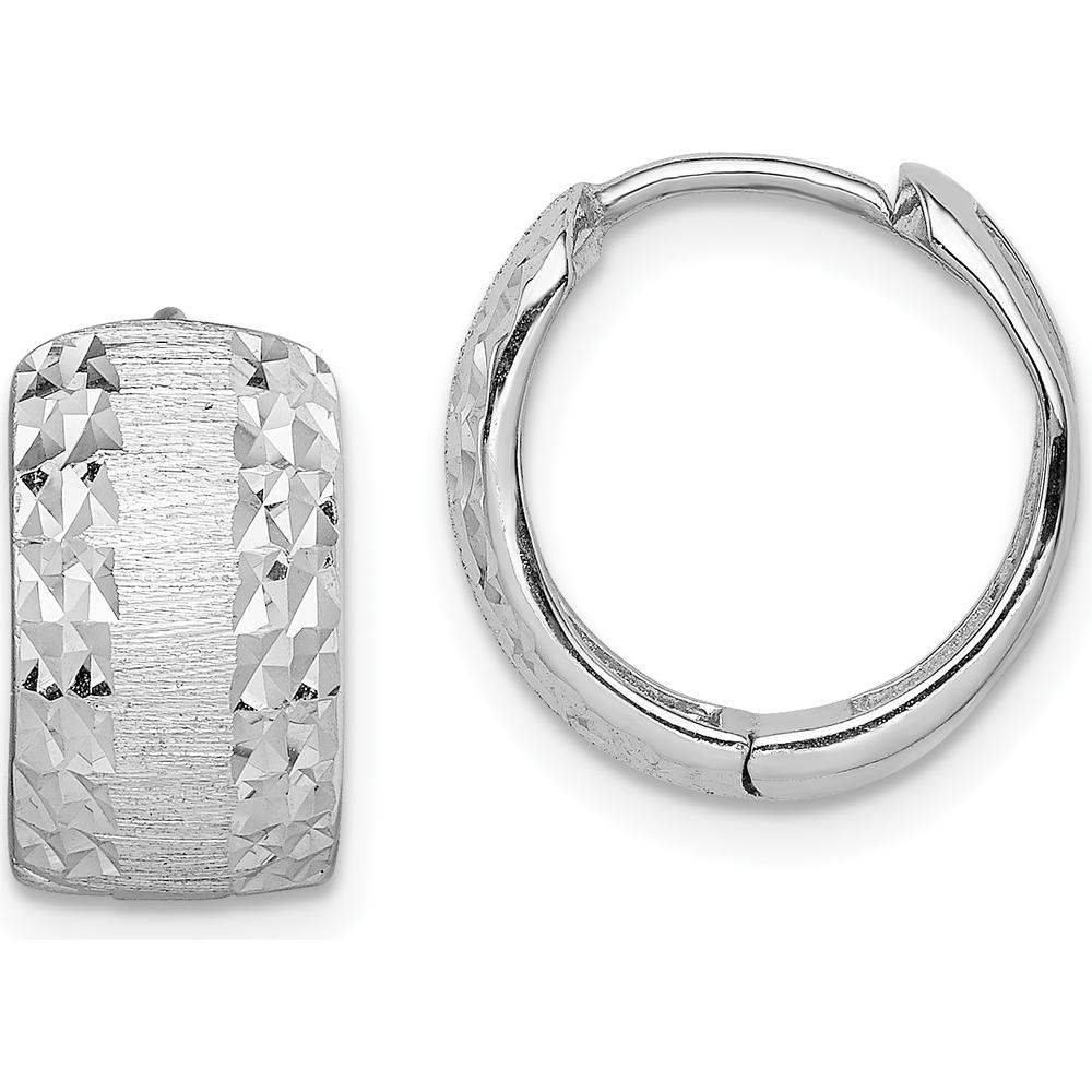 14K White Gold Diamond-Cut Textured Hoop Earrings - 14.15mm Length, 13.2mm Width by 0