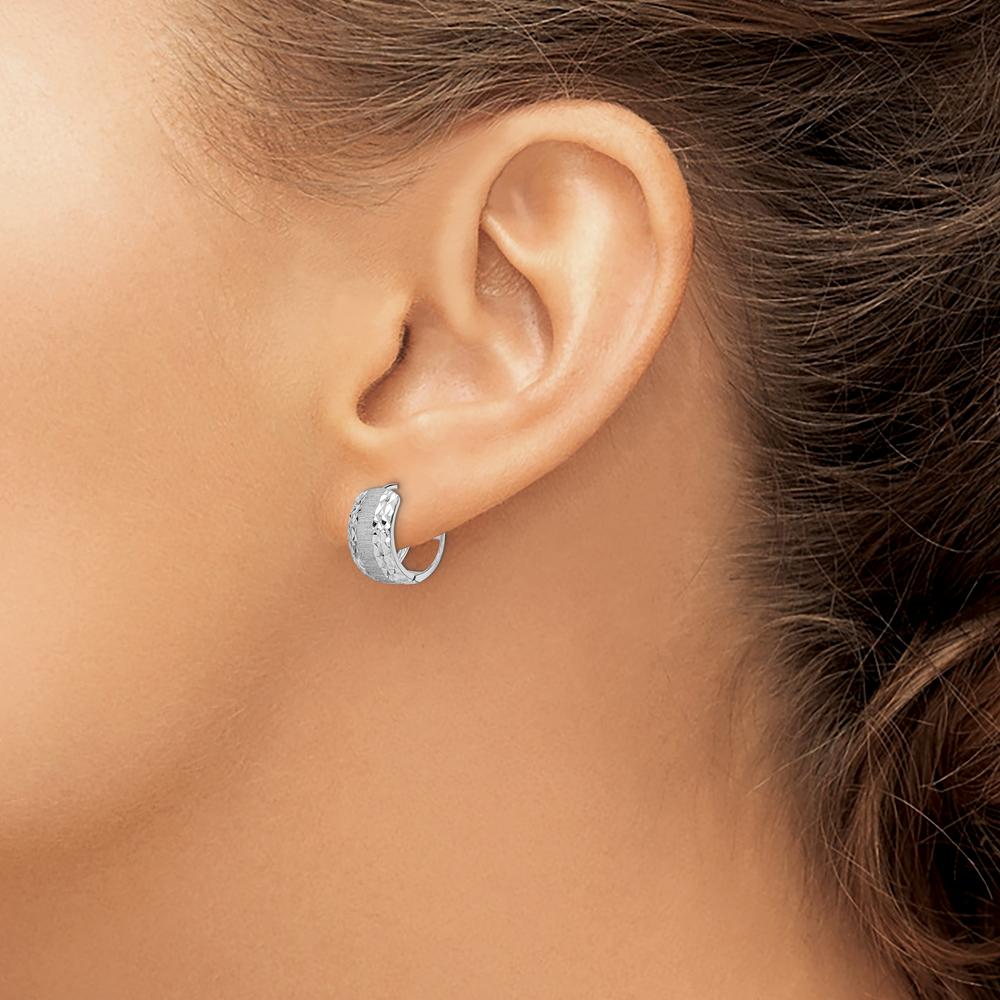14K White Gold Diamond-Cut Textured Hoop Earrings - 14.15mm Length, 13.2mm Width by 0