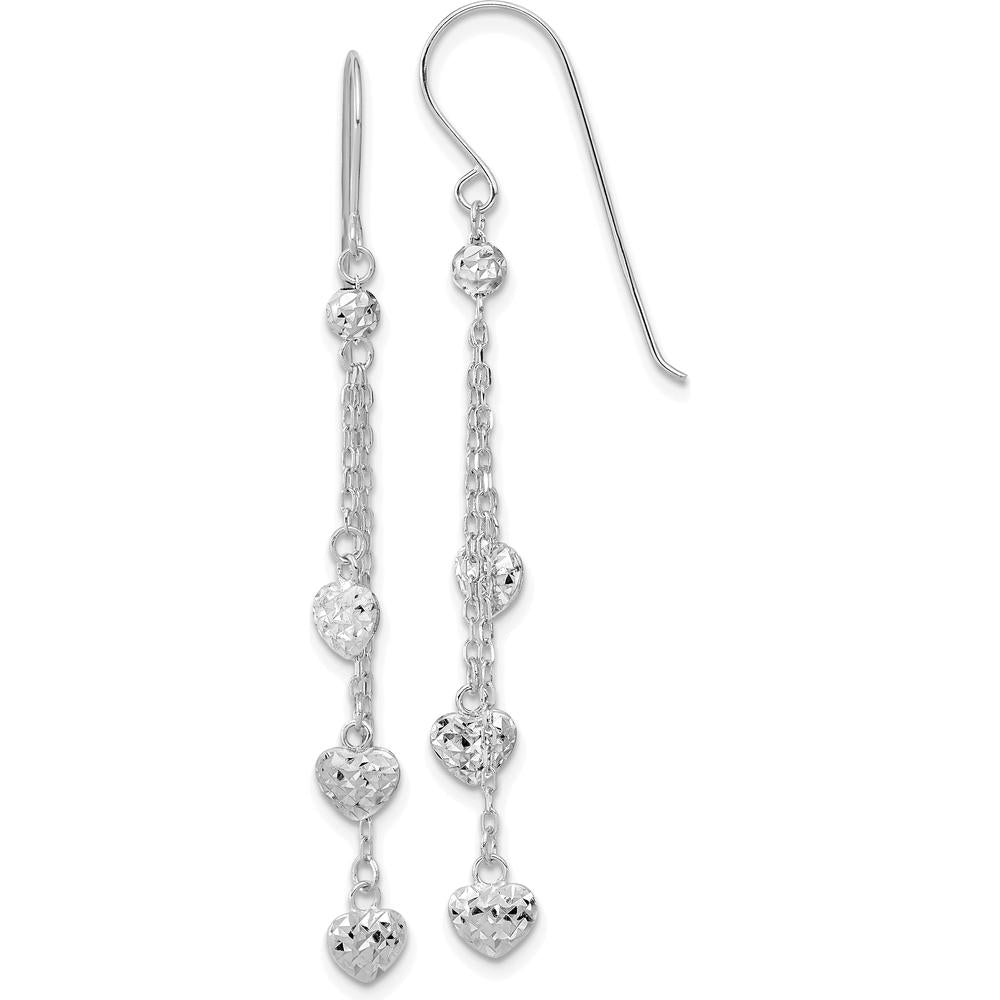 14K White Gold Diamond-Cut Triple Heart Dangle Earrings - 1.00 Carat Total Diamond-Cut Texture by 0
