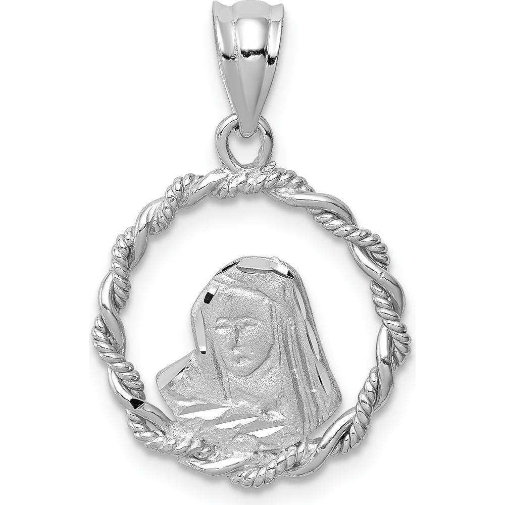 14K White Gold Diamond-cut Virgin Mary Pendant with Polished & Brushed Finish by Oro Pregiato