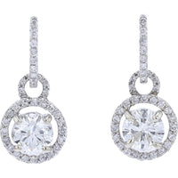 14K White Gold Diamond Dangle Earrings with Pavé Halo and 2.00 Carat Total Round Brilliant Centers - 2.55 Carat Total Diamond Weight