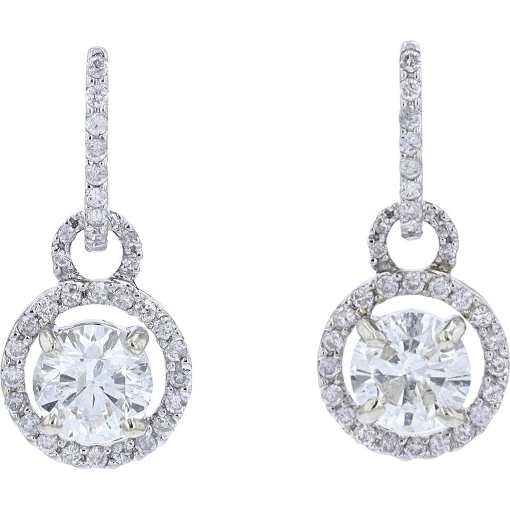 14K White Gold Diamond Dangle Earrings with Pavé Halo and 2.00 Carat Total Round Brilliant Centers - 2.55 Carat Total Diamond Weight