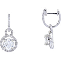 14K White Gold Diamond Dangle Earrings with Pavé Halo and 2.00 Carat Total Round Brilliant Centers - 2.55 Carat Total Diamond Weight