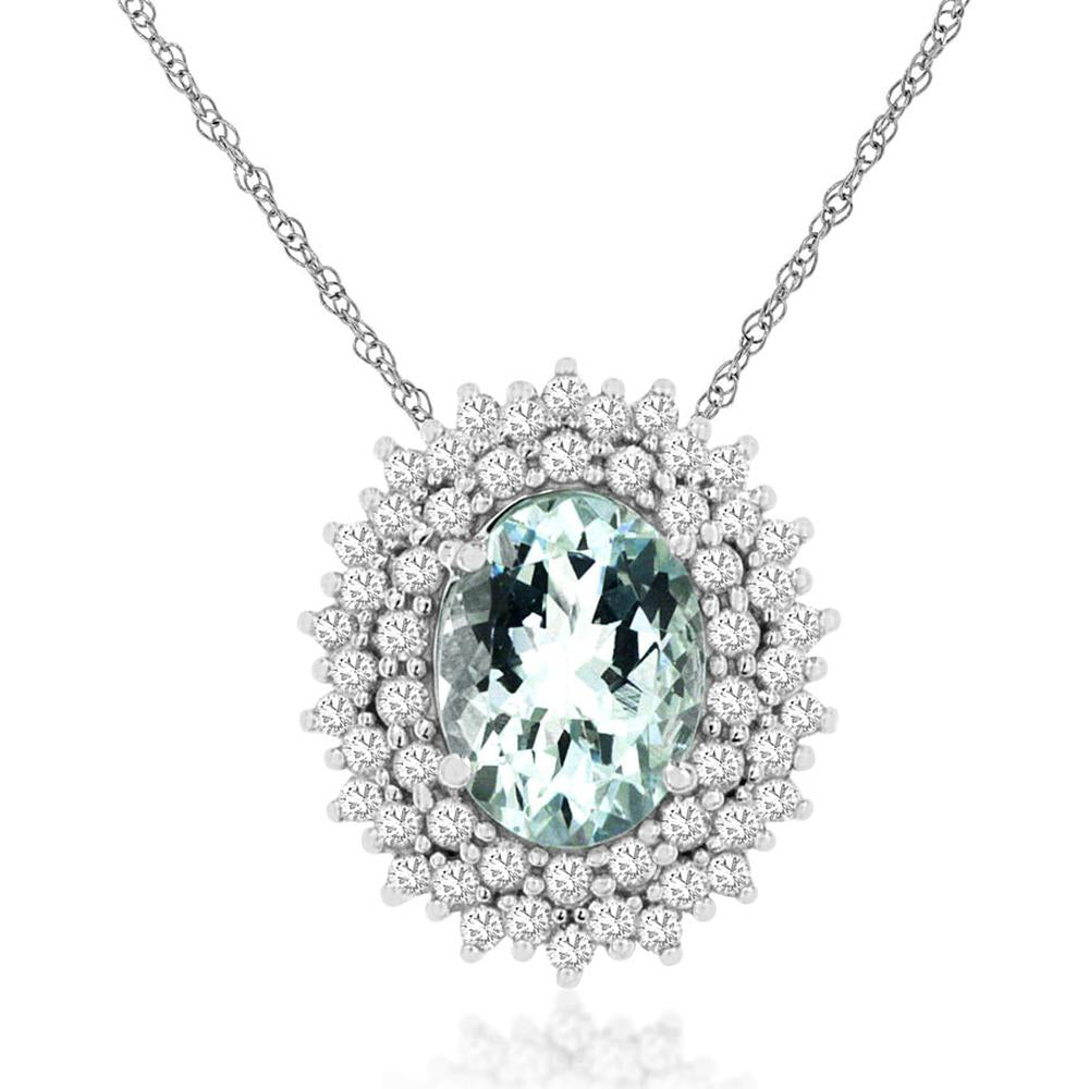 14K White Gold Diamond Double Halo Pendant with 1.10 Carat Oval Aquamarine - 0.33 Carat Total Diamond Weight - Royal Jewelry