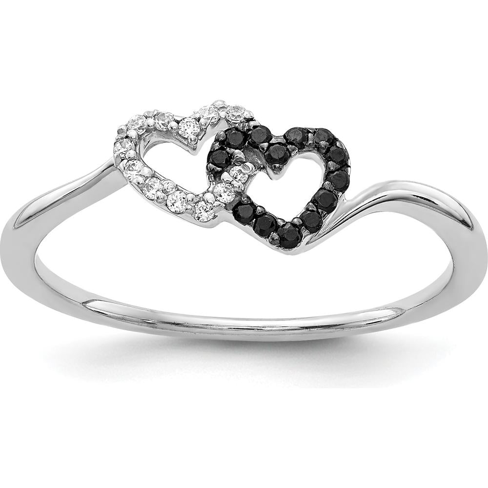 14K White Gold Diamond Double Heart Ring with Black and White Diamonds - 0.009 Carat Total Diamond Weight by 0