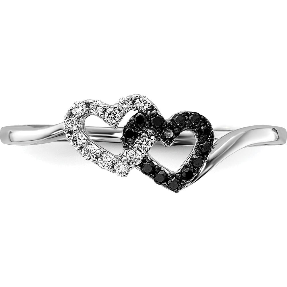 14K White Gold Diamond Double Heart Ring with Black and White Diamonds - 0.009 Carat Total Diamond Weight by 0