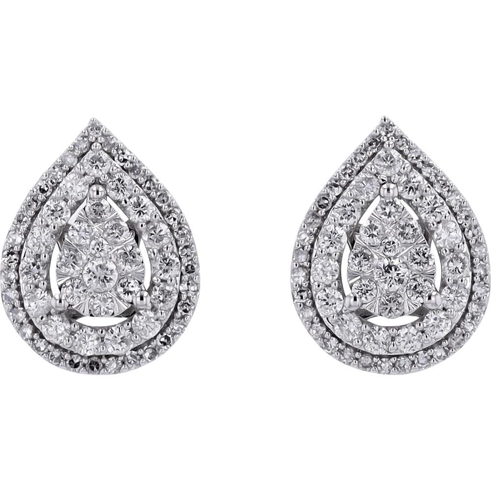 14K White Gold Diamond Drop Cluster Stud Earrings - 1.00 Carat Total Diamond Weight