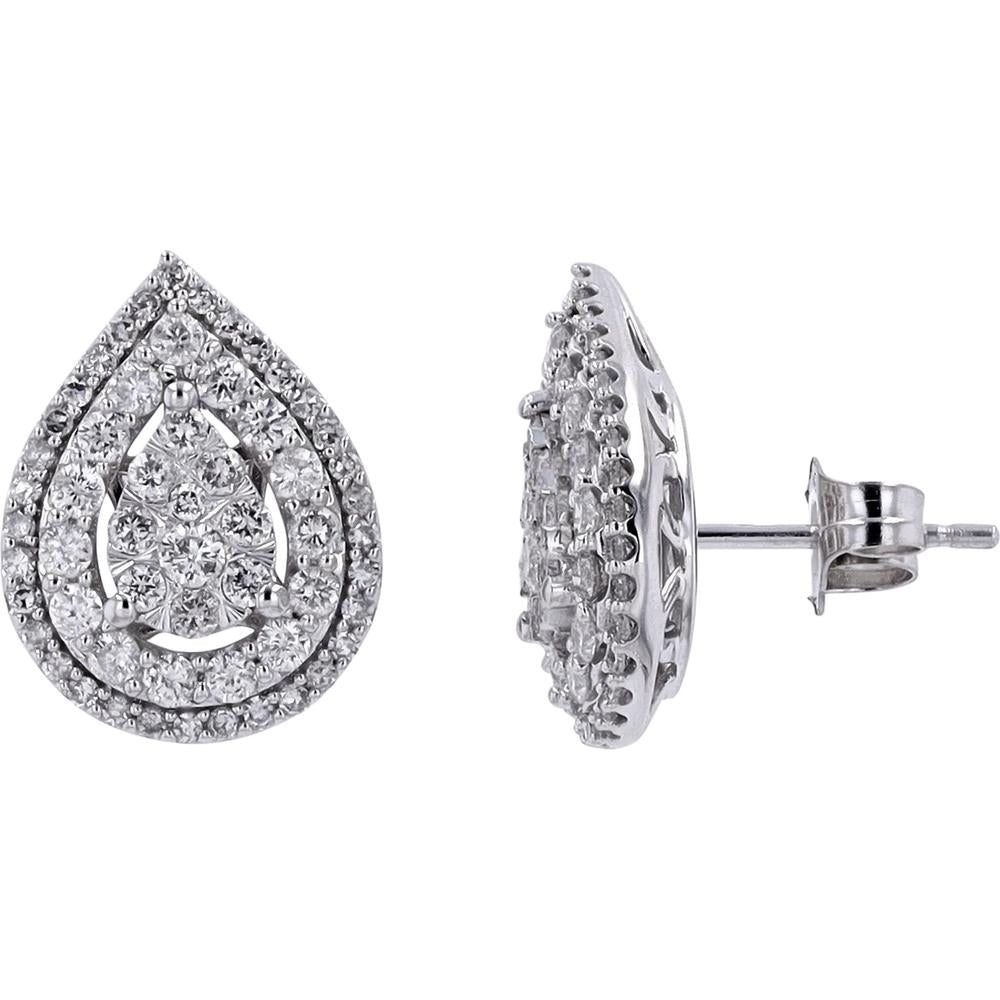 14K White Gold Diamond Drop Cluster Stud Earrings - 1.00 Carat Total Diamond Weight