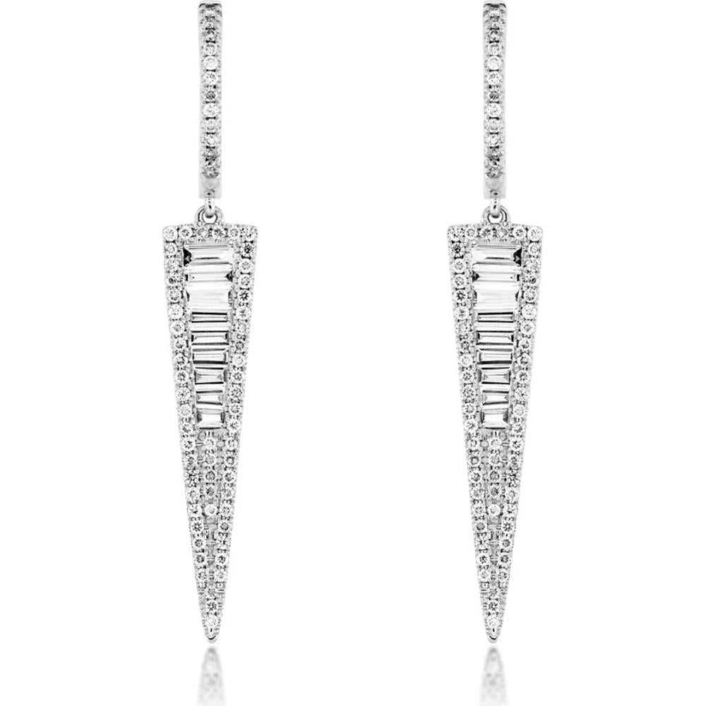 14K White Gold Diamond Drop Earrings with Baguette and Round Diamonds - 0.90 Carats Total Diamond Weight