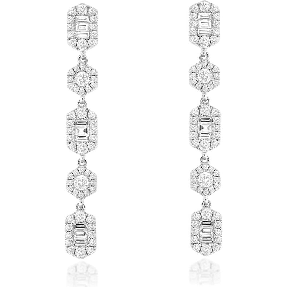 14K White Gold Diamond Drop Earrings with Baguette and Round Diamonds - 0.94 Carats Total Diamond Weight