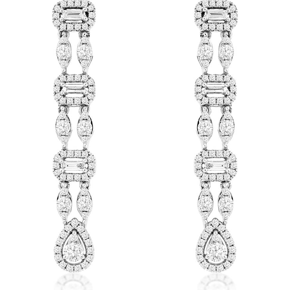14K White Gold Diamond Drop Earrings with Baguette and Round Diamonds - 1.12 Carats Total Diamond Weight