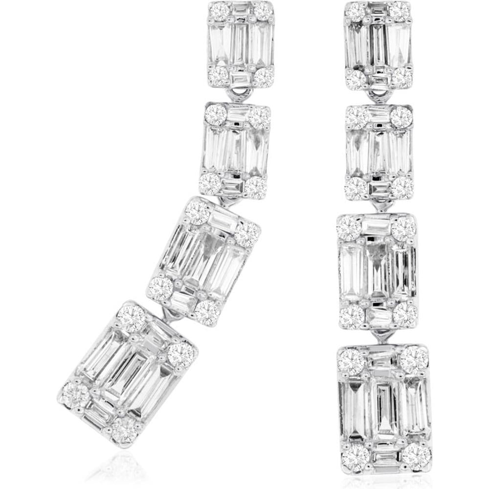 14K White Gold Diamond Drop Earrings with Baguette and Round Diamonds - 1.14 Carat Total Diamond Weight - Royal Jewelry