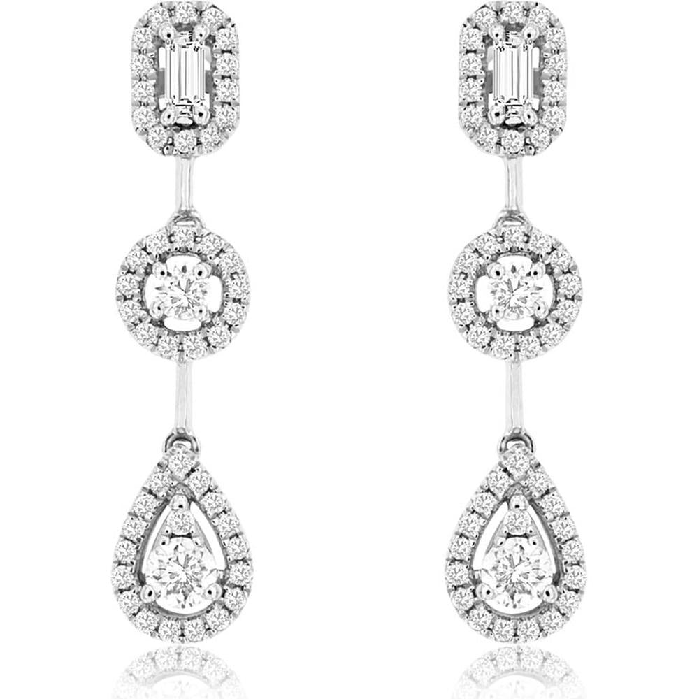 14K White Gold Diamond Drop Earrings with Baguette, Round, and Pear-Shaped Halo Design - 0.38 Carat Round Diamond Weight and 0.05 Carat Baguette Diamond Weight - Royal Jewelry