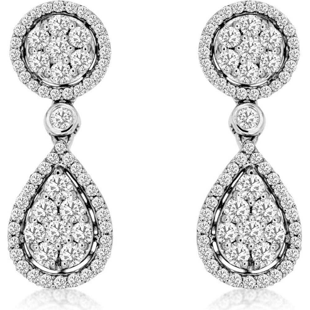 14K White Gold Diamond Drop Earrings with Double Halo Design - 0.85 Carats Total Diamond Weight