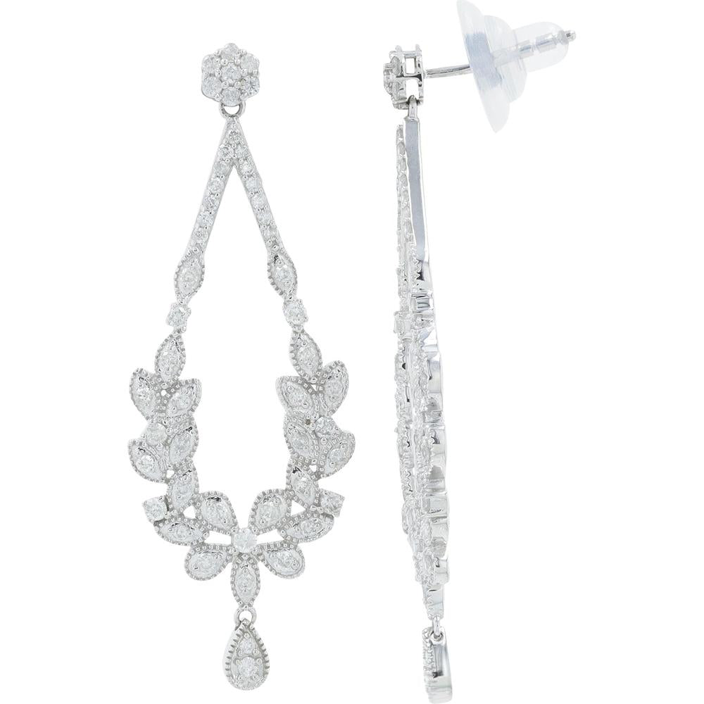 14K White Gold Diamond Drop Earrings with Floral Design - 1.00 Carat Total Diamond Weight