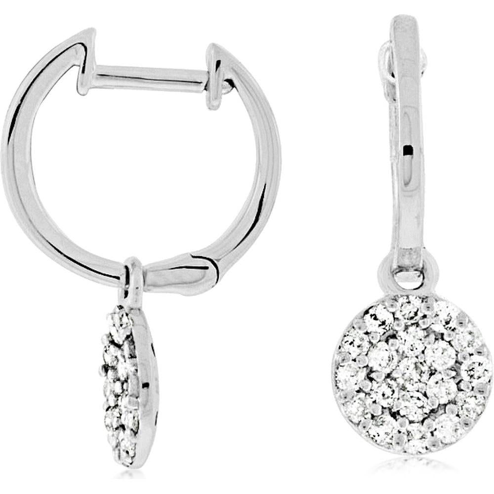 14K White Gold Diamond Drop Earrings with Pavé Round Brilliant Discs - 0.45 Carat Total Diamond Weight - Royal Jewelry