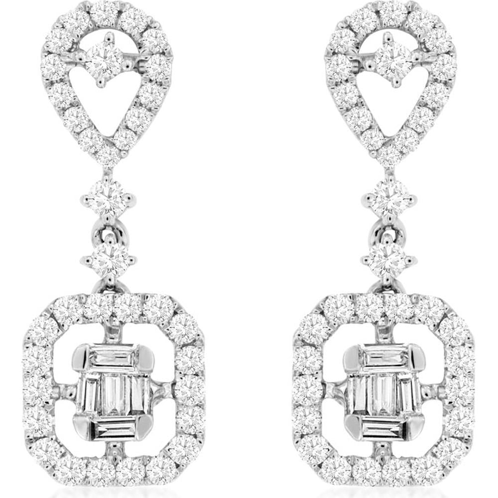 14K White Gold Diamond Drop Earrings with Pear Inspired Halo Tops and Geometric Round and Baguette Diamond Frames - 0.66 Carat Total Diamond Weight - Royal Jewelry