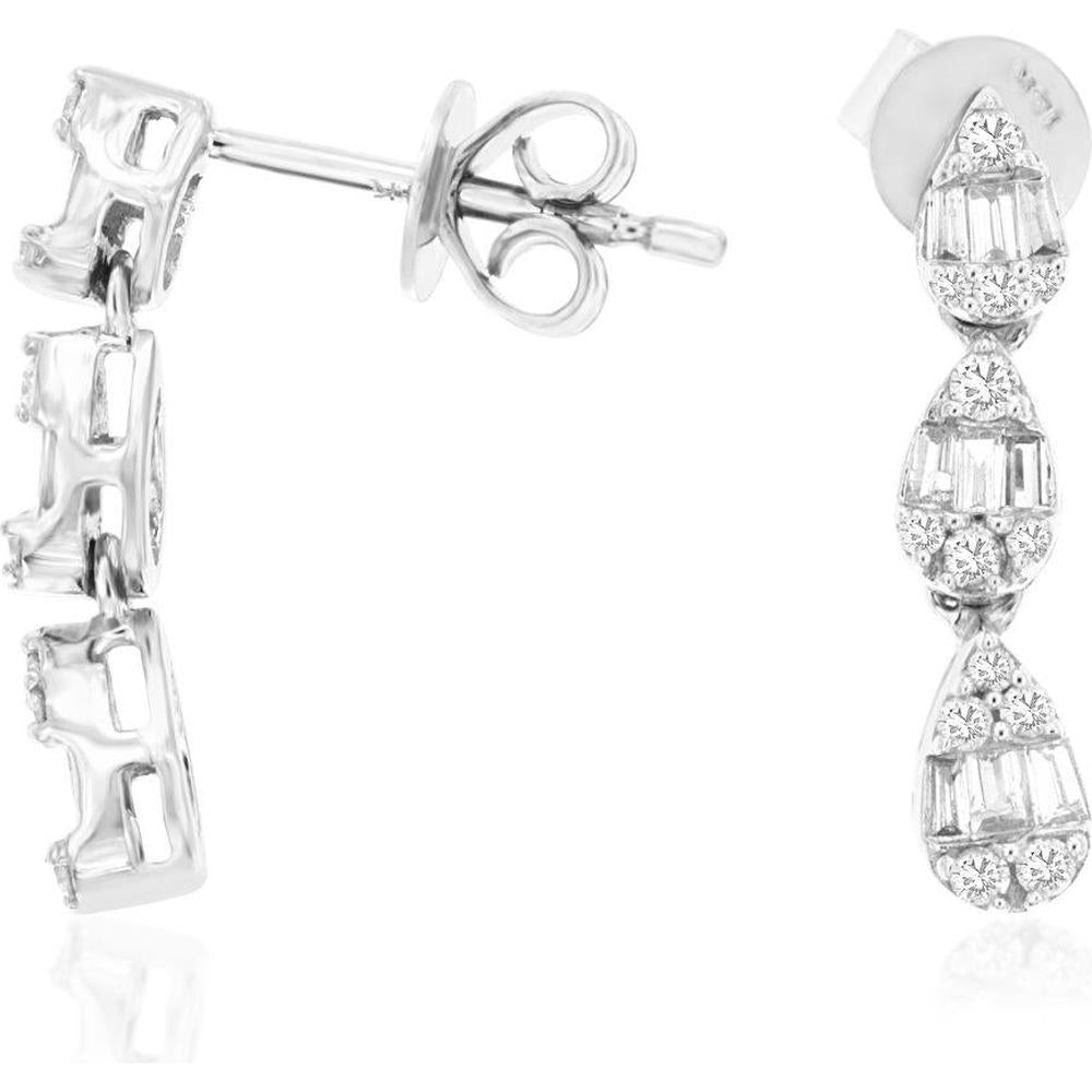 14K White Gold Diamond Drop Earrings with Round and Baguette Diamonds - 0.24 Carat Total Diamond Weight - Royal Jewelry