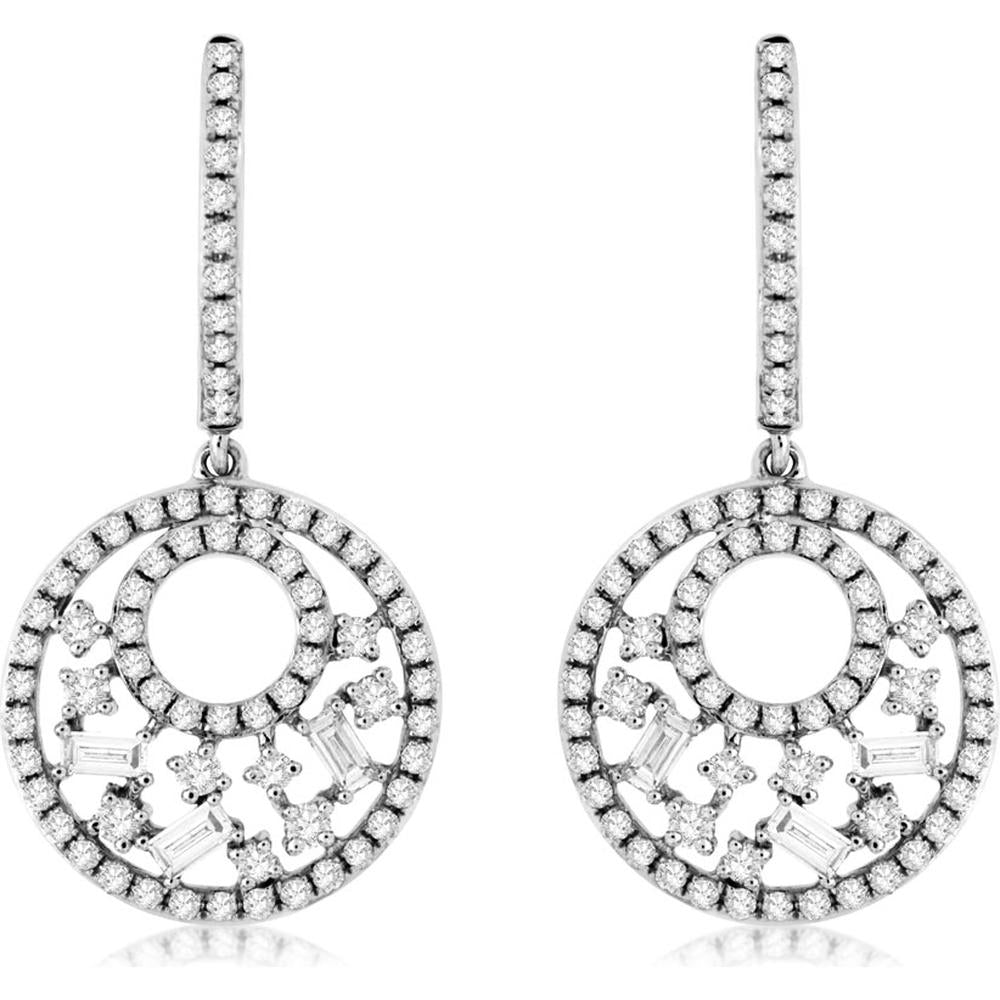 14K White Gold Diamond Drop Earrings with Round and Baguette Diamonds - 0.73 Carat Total Diamond Weight - Royal Jewelry