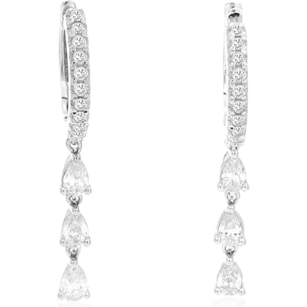14K White Gold Diamond Drop Earrings with Round Diamond Hoop and Pear Shaped Diamond Dangles - 0.82 Carat Total Diamond Weight - Royal Jewelry