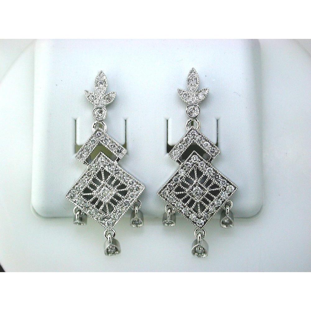 14K White Gold Diamond Drop Earrings with Round Diamonds - 1.00 Carats Total Diamond Weight