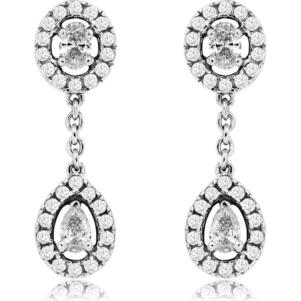 14K White Gold Diamond Drop Earrings with Round Halo Tops and Pear-Shaped Diamond Dangles - 0.72 Carat Total Diamond Weight - Royal Jewelry