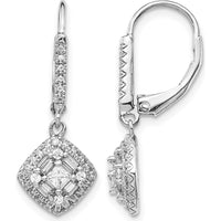14K White Gold Diamond Drop Earrings with Square, Baguette, and Round Diamonds - 0.1067 Carat Total Diamond Weight by Monteluci Fine Jewelry